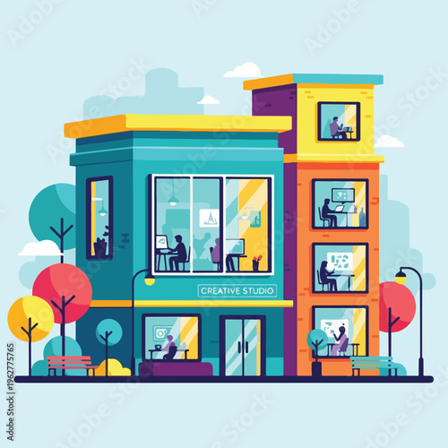 Colorful illustration of a building with people working in windows
