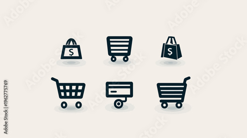 Collection of shopping icons bags, carts, and a credit card with payment terminal