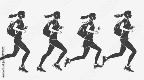 Four silhouettes of women running with backpacks on white background