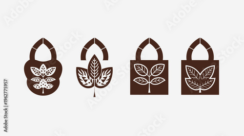 Four brown leaf-shaped padlock designs, diverse styles, placed on a plain white background