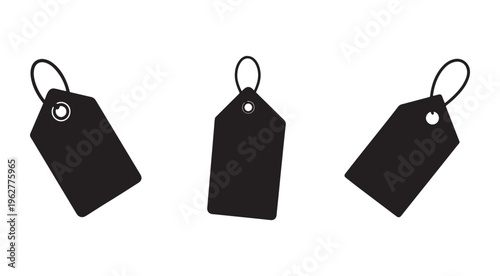 Black price tags with strings for labeling products or items for sale on a white background for marketing and shopping purposes
