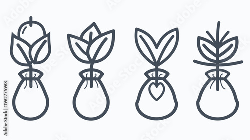 Four stylized plant illustrations in tied sacks, minimal line art on a white background
