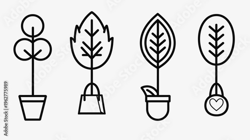 Four minimalist icons of potted plants, differing in leaf shape and container design