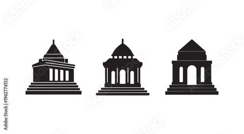 Black silhouettes of three ancient greek or roman style buildings with columns and domes on steps  architecture icons