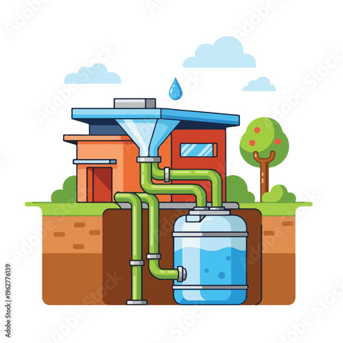 Colorful illustration of a house with a water harvesting system