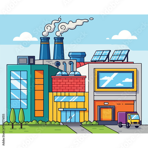 Colorful illustration of a factory with solar panels, trees, and a truck