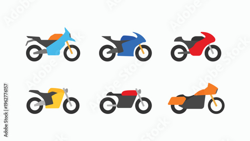 Motorcycle simple fat colors icons set. Collections of different types of motorcycles symbol logo icon. Vector illustration