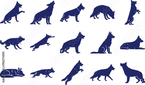 Blue Silhouettes of German Shepherds in Various Poses
