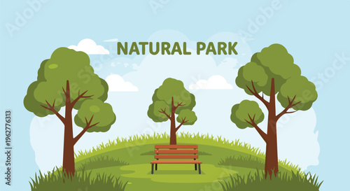 Colorful illustration of a natural park scene with trees, clouds and a bench