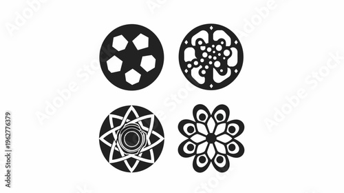 Four black & white circular shapes on a white background, artfully designed