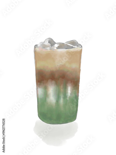 Watercolor Iced Dirty Matcha Latte with Coffee Layers Isolated on transparent