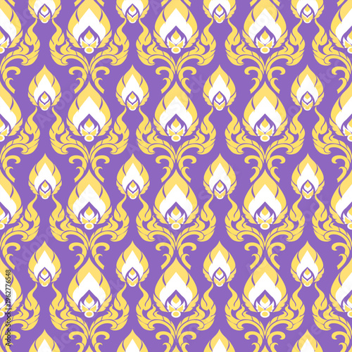 Thai Gold Floral Pattern on Purple Background Seamless Design