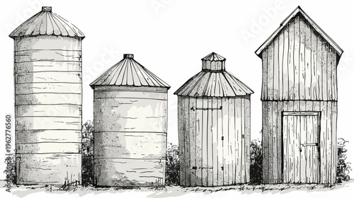 Rustic farm outbuildings illustration grain silos and barn. Aged, textured look