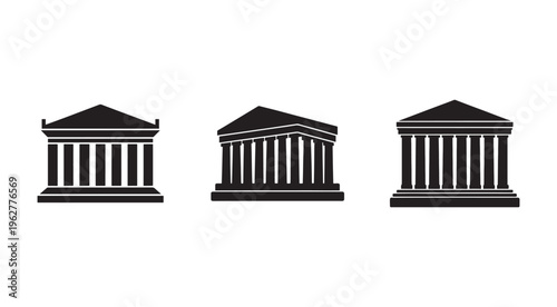 Blackandwhite illustration of three ancient greek or roman temple silhouettes with columns and triangular roofs in different angles  iconic architectural designs