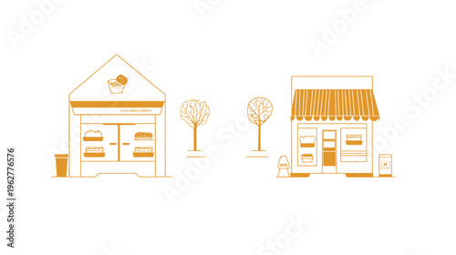 Stylized golden line drawing of two outdoor bakeries separated by trees