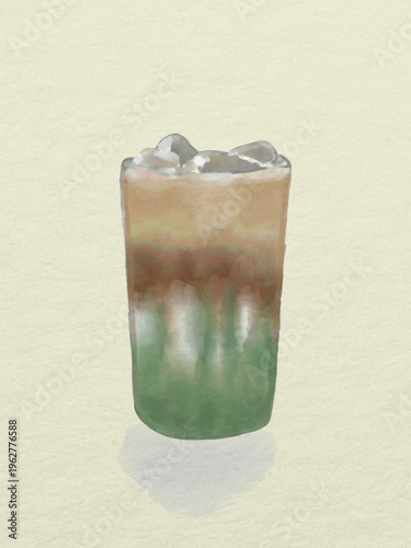 Watercolor Iced Dirty Matcha Coffee Latte Illustration with Green and Brown Layers