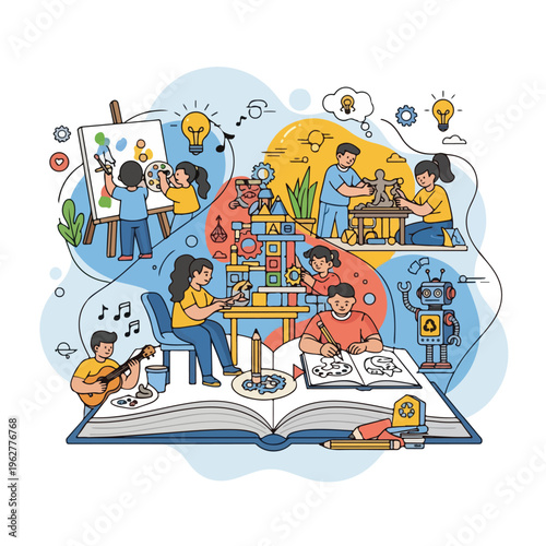 Colorful illustration of diverse creative activities art, music, building, and robotics