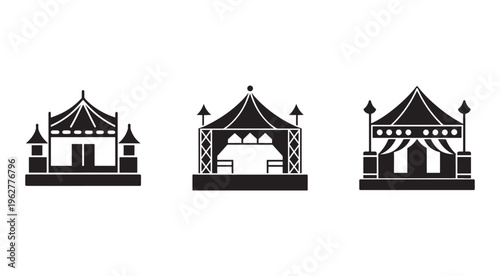 Blackandwhite illustrations of three different circus tents with flags and stages  carnival structures
