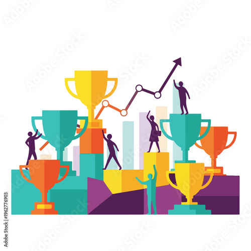 Colorful illustration of figures on podiums with trophies, upward chart