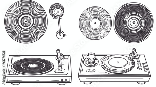Hand drawn illustration of vinyl records and record players, in black and white