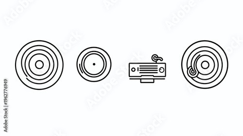 Four black outlined circular icons with a box, isolated on a plain white background
