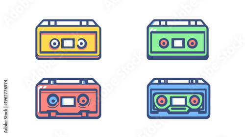 Four colorful illustrated audio cassette tapes on a white background