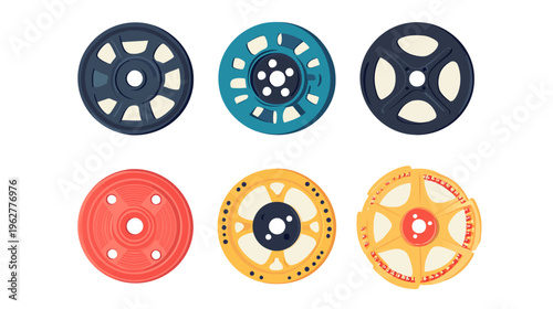 Six stylized vector film reels on a white background, variety of colors and designs