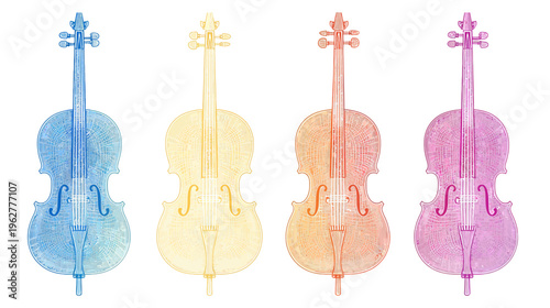 Four cellos in various pastel hues with grid patterns overlayed