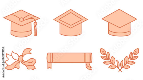 Set of peach-colored graduation icons, including mortarboards, laurel wreath, diploma, and bow