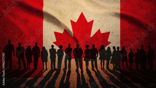 Silhouettes of individuals and Canadian flag on ground, political imagery concept