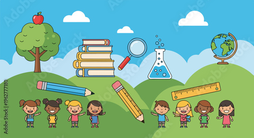 Colorful illustration of school children with school supplies