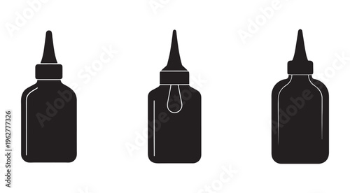 Blackglassbottlewithdroppernozzlesetisolatedonwhitebackgroundforgluingcraftingandmedicaluse
