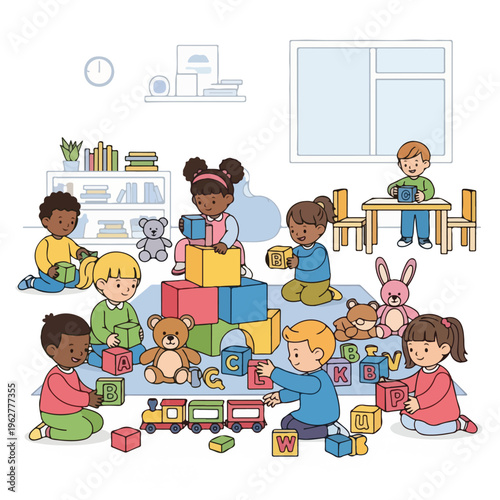 Colorful illustration of several children playing with blocks and toys in a room