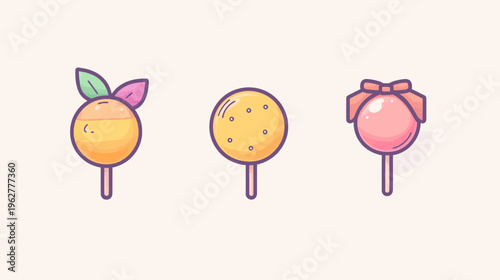 Three stylized lollipop sweets with different shapes and color against a pale background