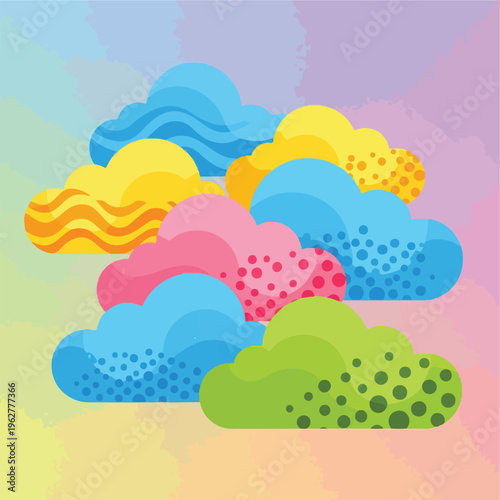 Colorful illustration of stylized clouds against a watercolor background