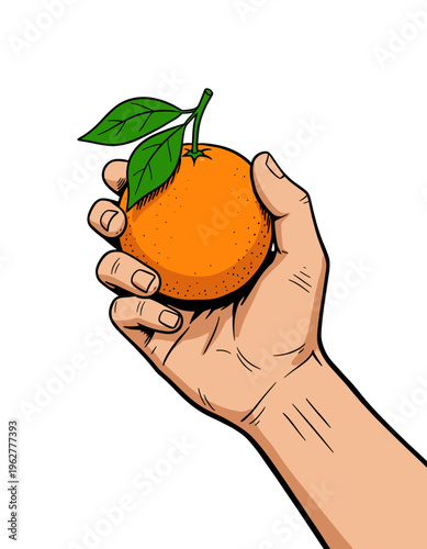 Pop art illustration of a hand holding a fresh orange with leaves