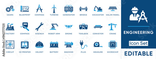 Engineering icon set. Blueprint, construction, manufacturing, automation, robotics, renewable energy and electronics. Solid vector icons collection.