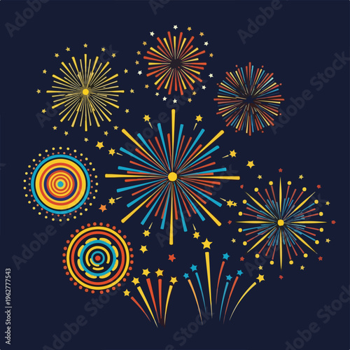 Colorful illustration of stylized fireworks bursting in a dark night sky