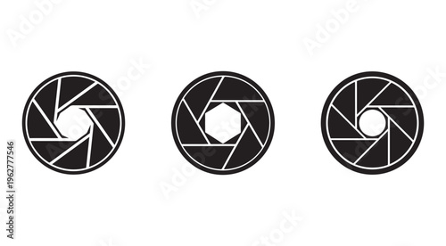 Camera shutter icons set  three black and white camera shutters  photography symbols