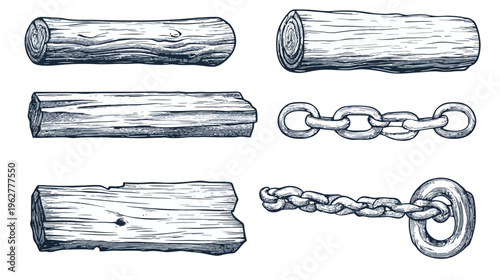 Sketch-style illustration of wood logs and chains on a white background