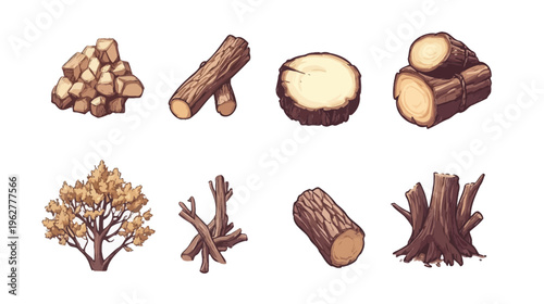 Eight stylized wood and tree elements in a simple flat style. Brown, yellow, and tan hues