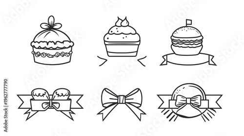 Outlined drawings of sweet treats and bows, each design has a distinctive style
