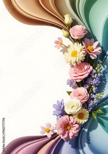 Floral arrangement featuring delicate pastel colors and flowing ribbons