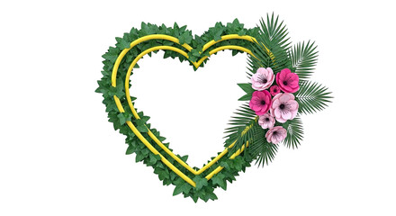 Heart shape frame with ivy, flowers and palm leaves