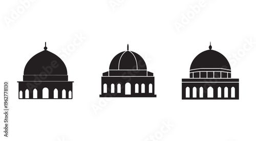 Dome shaped buildings with arches and columns  three black silhouettes on white background  architecture elements  domed structures