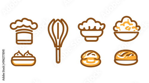 Culinary Line Icons chef hat, bowl of cream, whisk, bread. Outlined, Brown and Orange
