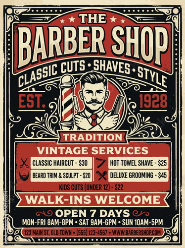 Vintage barber shop sign with classic cuts and shaves services listed