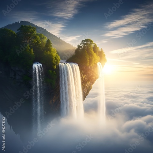 Surreal Waterfall Cascading from Floating Island into Sea of Clouds.