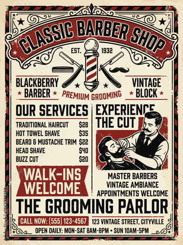 Classic barber shop advertisement with services and prices listed clearly