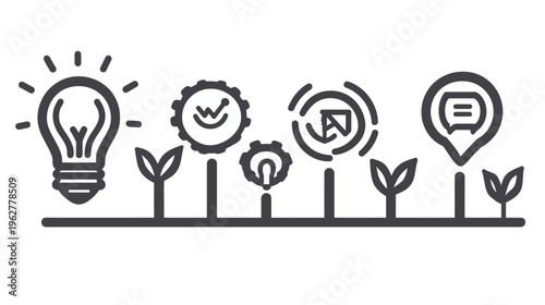 Illustrated growth concept Lightbulb, gears, chat bubble sprouting from ground